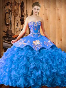 New Arrival Baby Blue Sleeveless Embroidery and Ruffles Lace Up 15 Quinceanera Dress