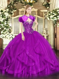 Sleeveless Tulle Floor Length Lace Up Quince Ball Gowns in Fuchsia with Beading and Ruffles