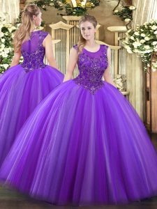 Beautiful Eggplant Purple Ball Gowns Scoop Sleeveless Tulle Floor Length Zipper Beading Sweet 16 Dress