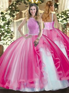 Popular Floor Length Hot Pink 15th Birthday Dress High-neck Sleeveless Lace Up