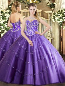 Captivating Sweetheart Sleeveless Vestidos de Quinceanera Floor Length Beading and Appliques Lavender Tulle