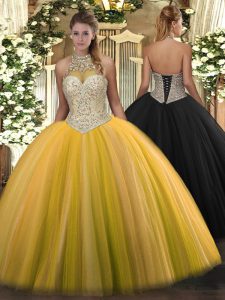 Sleeveless Floor Length Beading Lace Up Sweet 16 Quinceanera Dress with Gold