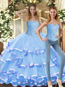 Discount Sweetheart Sleeveless Tulle Quince Ball Gowns Beading and Ruffled Layers Lace Up
