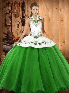 Sleeveless Satin and Tulle Floor Length Lace Up Sweet 16 Dress in Green with Embroidery