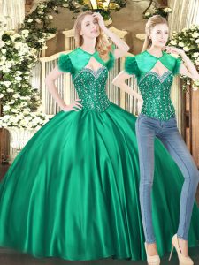 Fitting Green Ball Gowns Sweetheart Sleeveless Tulle Floor Length Lace Up Beading Quinceanera Dresses