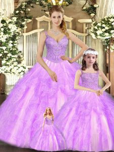 Best Floor Length Lace Up Sweet 16 Quinceanera Dress Lilac for Military Ball and Sweet 16 and Quinceanera with Beading a