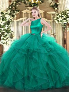 Customized Turquoise Ball Gowns Organza Scoop Sleeveless Ruffles Floor Length Clasp Handle Sweet 16 Dress