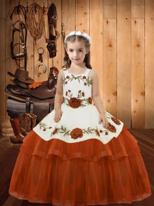 Embroidery and Ruffled Layers Girls Pageant Dresses Rust Red Lace Up Sleeveless Floor Length