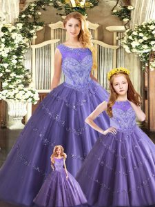 Extravagant Lavender Ball Gowns Beading Quinceanera Dresses Lace Up Tulle Sleeveless Floor Length