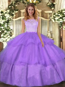 Noble Sleeveless Floor Length Lace and Ruffled Layers Clasp Handle Sweet 16 Dresses with Lavender