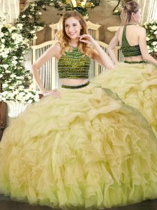 Shining Ball Gowns 15th Birthday Dress Yellow Green Halter Top Organza Sleeveless Floor Length Zipper