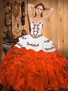 Rust Red Lace Up Strapless Embroidery and Ruffles Sweet 16 Dresses Satin and Organza Sleeveless