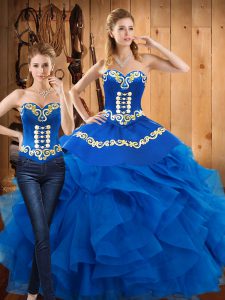 Blue Sweetheart Lace Up Embroidery and Ruffles Sweet 16 Quinceanera Dress Sleeveless