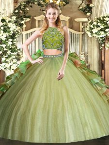 High Class Olive Green Sleeveless Floor Length Beading and Ruffles Zipper Sweet 16 Dresses
