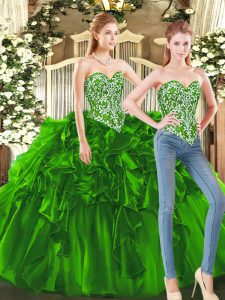 Floor Length Lace Up Quinceanera Dresses Dark Green for Military Ball and Sweet 16 with Beading and Ruffles
