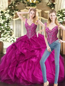 Beauteous Floor Length Lace Up Quinceanera Dresses Fuchsia for Military Ball and Sweet 16 and Quinceanera with Ruffles