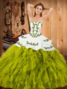 Inexpensive Olive Green Satin and Organza Lace Up Strapless Sleeveless Floor Length Sweet 16 Dresses Embroidery and Ruff