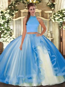 Sleeveless Tulle Floor Length Backless Sweet 16 Dress in Light Blue with Beading and Ruffles