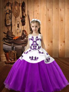 Eggplant Purple Organza Lace Up Pageant Gowns For Girls Sleeveless Floor Length Embroidery