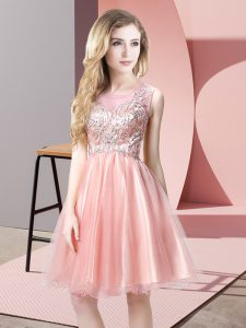 Stunning Baby Pink Sleeveless Knee Length Beading Zipper Prom Dress