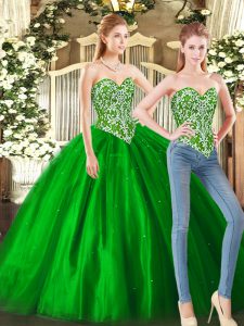 Amazing Sleeveless Floor Length Beading Lace Up Quinceanera Dresses with Green