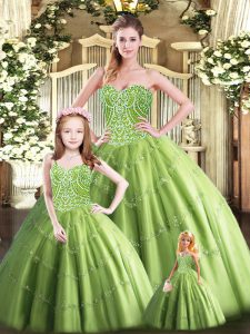 Olive Green Tulle Lace Up Quinceanera Dresses Sleeveless Floor Length Beading