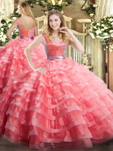 Extravagant Sleeveless Organza Floor Length Zipper Quinceanera Dress in Watermelon Red with Ruffled Layers