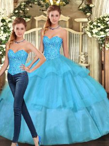 Decent Aqua Blue Sleeveless Organza Lace Up Quince Ball Gowns for Military Ball and Sweet 16 and Quinceanera