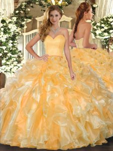 Beautiful Gold Ball Gowns Beading and Ruffles Quinceanera Dresses Lace Up Organza Sleeveless Floor Length