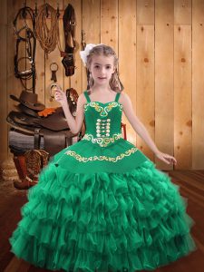 New Arrival Straps Sleeveless Lace Up Kids Formal Wear Turquoise Organza