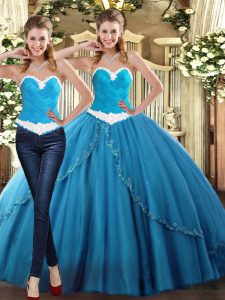 Fitting Teal Ball Gowns Tulle Sweetheart Sleeveless Beading Floor Length Lace Up Sweet 16 Quinceanera Dress