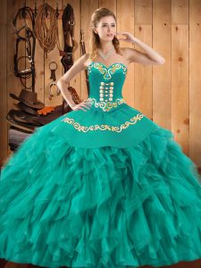 Pretty Turquoise Ball Gowns Sweetheart Sleeveless Satin and Organza Floor Length Lace Up Embroidery and Ruffles 15th Bir