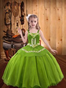 High End Floor Length Ball Gowns Sleeveless Olive Green Little Girls Pageant Gowns Lace Up