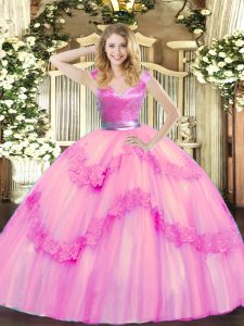 Extravagant Rose Pink Tulle Zipper V-neck Sleeveless Floor Length Quince Ball Gowns Beading and Appliques
