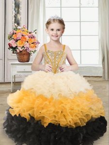 Beautiful Sleeveless Organza Floor Length Lace Up Little Girl Pageant Gowns in Multi-color with Beading and Ruffles