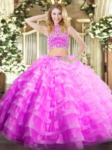 Lilac Sleeveless Floor Length Beading and Ruffled Layers Backless Sweet 16 Dress