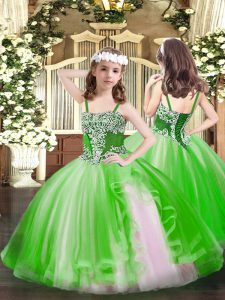 Green Ball Gowns Tulle Straps Sleeveless Appliques Floor Length Lace Up Little Girls Pageant Gowns