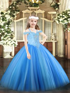 Fantastic Baby Blue Sleeveless Beading Floor Length Little Girls Pageant Dress Wholesale