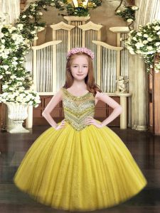 Scoop Sleeveless Little Girls Pageant Gowns Floor Length Beading Gold Tulle