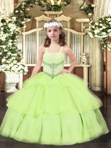 Beading and Ruffled Layers Little Girl Pageant Dress Yellow Green Lace Up Sleeveless Floor Length