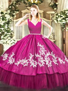Fuchsia Sleeveless Satin and Tulle Zipper Sweet 16 Dress for Military Ball and Sweet 16 and Quinceanera