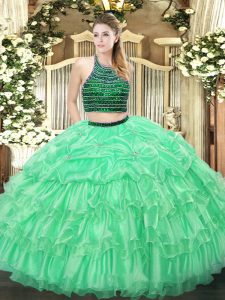 Stunning Apple Green Halter Top Neckline Beading and Ruffled Layers 15th Birthday Dress Sleeveless Zipper