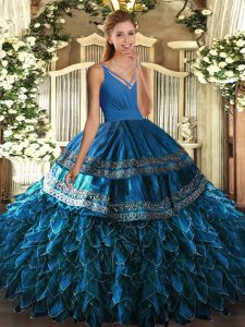 Blue Organza Backless 15 Quinceanera Dress Sleeveless Floor Length Ruffles