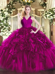 V-neck Sleeveless Zipper Ball Gown Prom Dress Fuchsia Organza