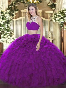 Fashion Purple Tulle Backless Sweet 16 Dress Sleeveless Floor Length Beading and Ruffles