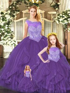Scoop Sleeveless Quinceanera Gown Floor Length Beading and Ruffles Purple Organza