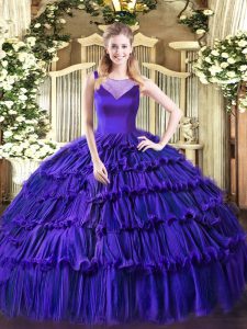 Floor Length Purple Ball Gown Prom Dress Organza Sleeveless Beading and Ruffled Layers