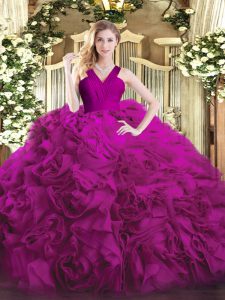 Most Popular Fuchsia Zipper V-neck Ruffles 15 Quinceanera Dress Organza and Fabric With Rolling Flowers Sleeveless