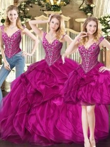 V-neck Sleeveless Organza Sweet 16 Dresses Ruffles Lace Up