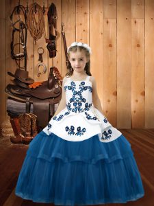 Wonderful Floor Length Blue Little Girl Pageant Gowns Straps Sleeveless Lace Up